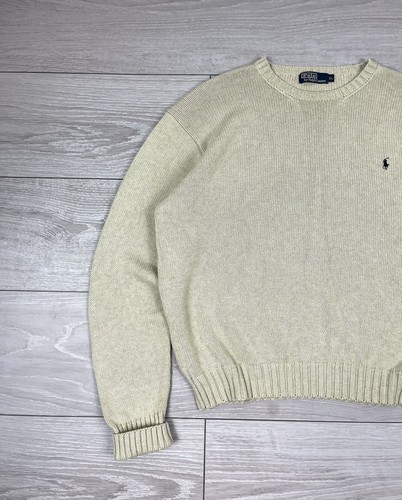 Polo Ralph Lauren Vintage 90s Cable Knit Beige Cotton Sweater XL Size Mens - Picture 3 of 9