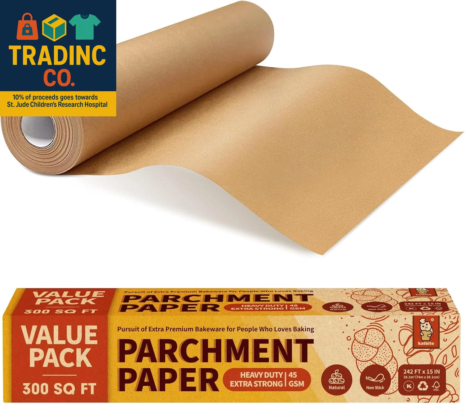 Unbleached Parchment Paper Roll, 15In X 242Ft, 300 Sq.Ft, Non-Stick with Serrate