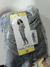 Nautica Women's Fleece Pajama Set 2-Piece, Gray Top Blue Pattern Pant Size Small