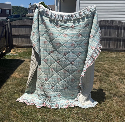 VTG Croscill Queen Comforter Skirt Shabby Chic Blue Floral QUILTED Lace Cottage