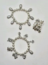 Vtg Easter Jewelry Set MJ Siver Tone 2 Stretch Charm Bracelets 1 Brooch Pendant