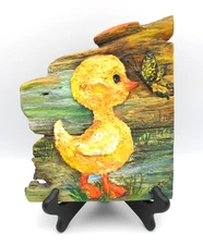 Hand Crafte/Painted Folk  Art Baby Duck /Butterfly Wall Plaque Signed VTG Rustic