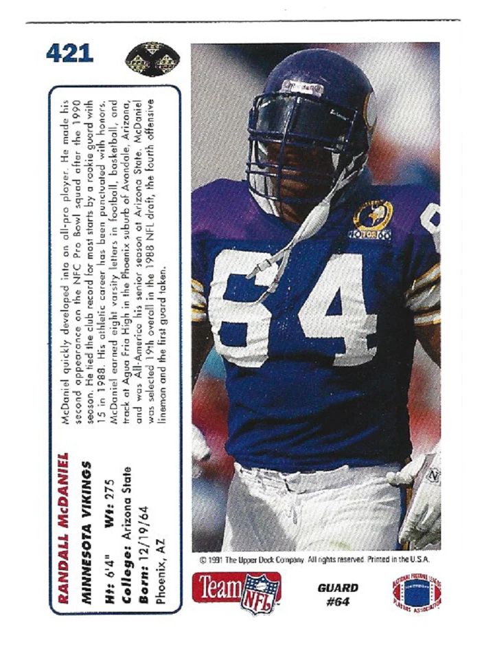 RANDALL McDANIEL 1991 Upper Deck Football # 421 Minnesota Vikings HOF NM - MT - Image 2 of 2