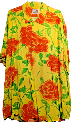 Jams World Hemd Herren XL gelb Blumen Hawaii Aloha Kurzarm Camp Rayon Vintage