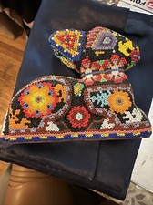 NATIVE HUICHOL MEXICAN CARVED BEADED WOOD LLAMA SCULPTURE