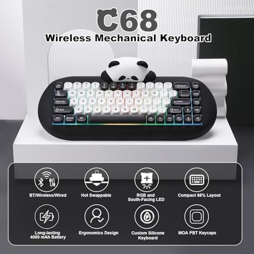 YUNZII C68 Panda Wireless Mechanical Gaming Keyboard 68 Keys Cute