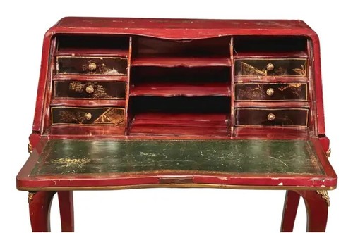 18th Century Louis XV Red Chinoiserie Bureau de Dame Desk By Pierre Migeon - Picture 5 of 7