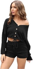 Two Piece Outfit for Women Sweater Crop Tops Long Sleeve Waisted Skinny Shorts M