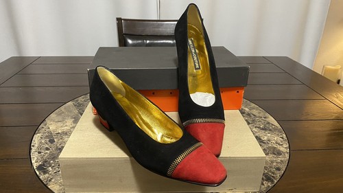 VTG Anne Klein Couture Suede Red & Black Pumps Shoes SZ 8.5N Made In Italy New - Picture 18 of 19
