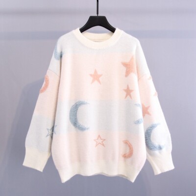 Damen Mädchen Mond Stern Pullover Strickbluse Tops Rundhals Strickwaren Locker