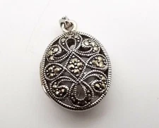 Vtg Sterling Silver Ornate Pierced Locket Pendant Marcasite Signed FAS Scroll