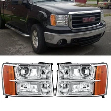 Fit 2007-2014 GMC Sierra 1500 2500HD Chrome Headlights Lamps Assembly Left+Right