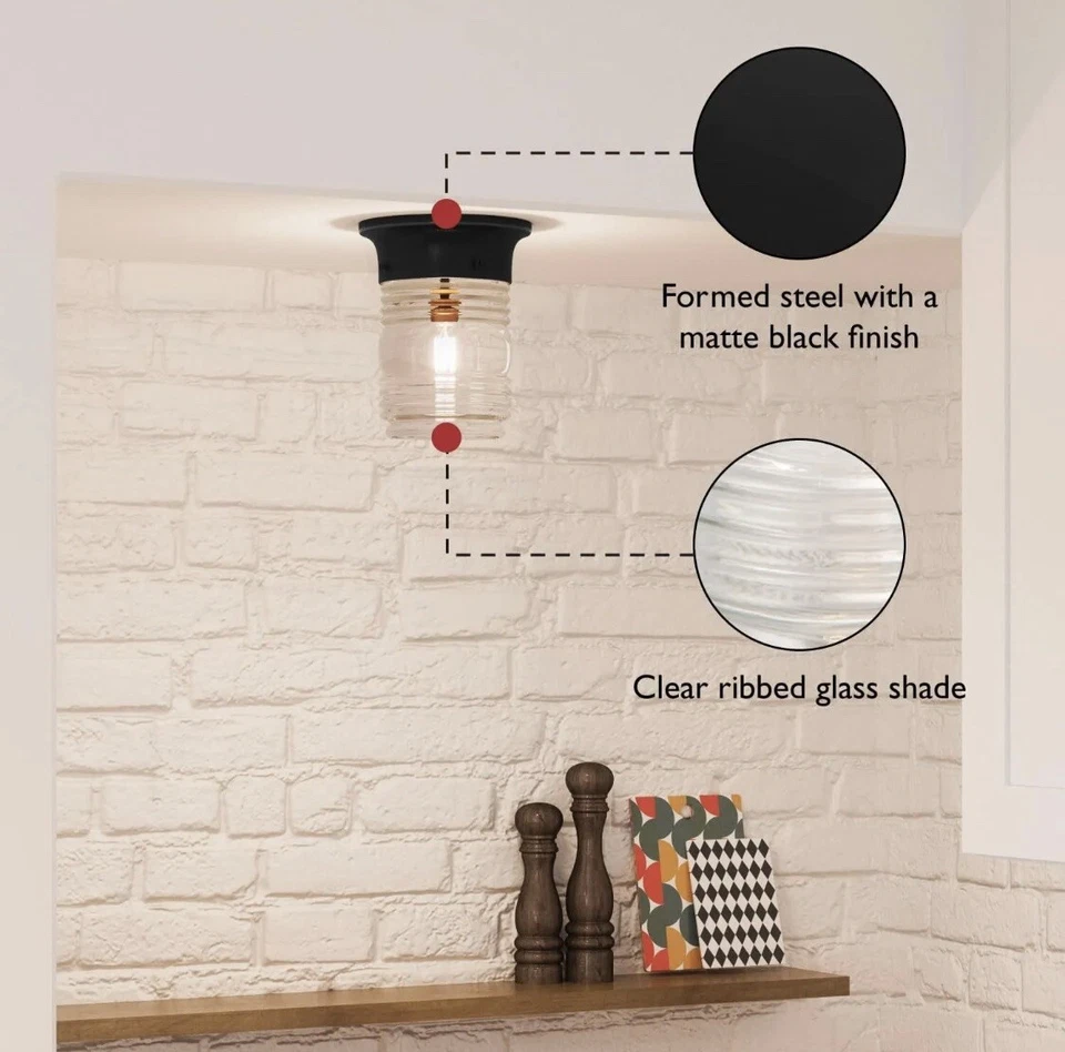 Flush Mount Ceiling Light Jelly Jar 587220 1-Light Indoor/Outdoor Black NIB - Image 4 of 4