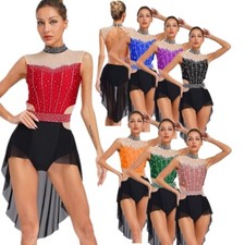 UK Women Lyrical Ballet Dance Costume Shiny Rhinestone Color Block Mesh Skirted