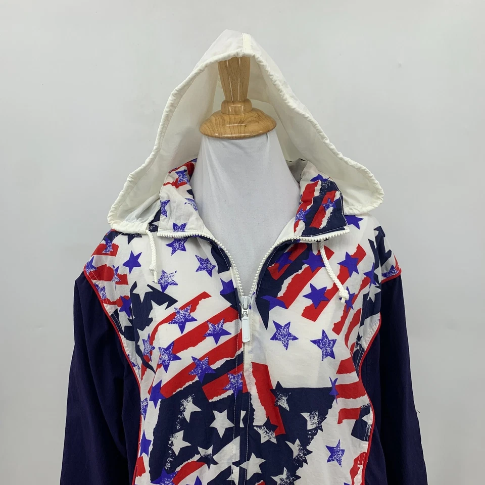 Chaqueta deportiva Liz para mujer PM Petite Stripes estrellas cremallera guardar capucha cortavientos Foto 3 de 4