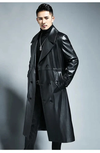 Autumn Men Long Black Pu Leather Spring Trench Coat Double Breasted Outerwear - Picture 9 of 12