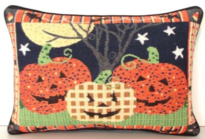 Halloween - Polka Dot & Plaid  Pumpkins, Bat- Spider Border, Tapestry Pillow New