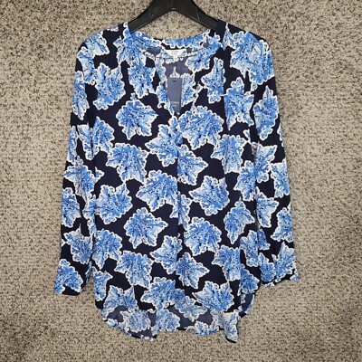 Crown & Ivy Top Womens Small Blue Floral Print Peasant V Neck Blouse Ladies