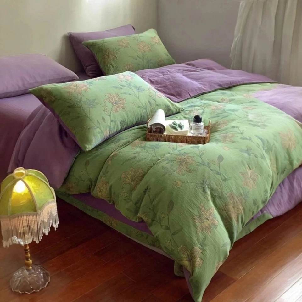 NEW Anthropologie Green Purple Floral Linen Queen / King Bedding Duvet Sham Set - Image 2 of 4