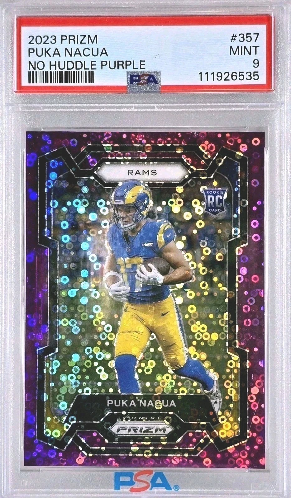 2023 PRIZM PUKA NACUA (RC) /35 PURPLE NO HUDDLE #357  PSA MINT 9