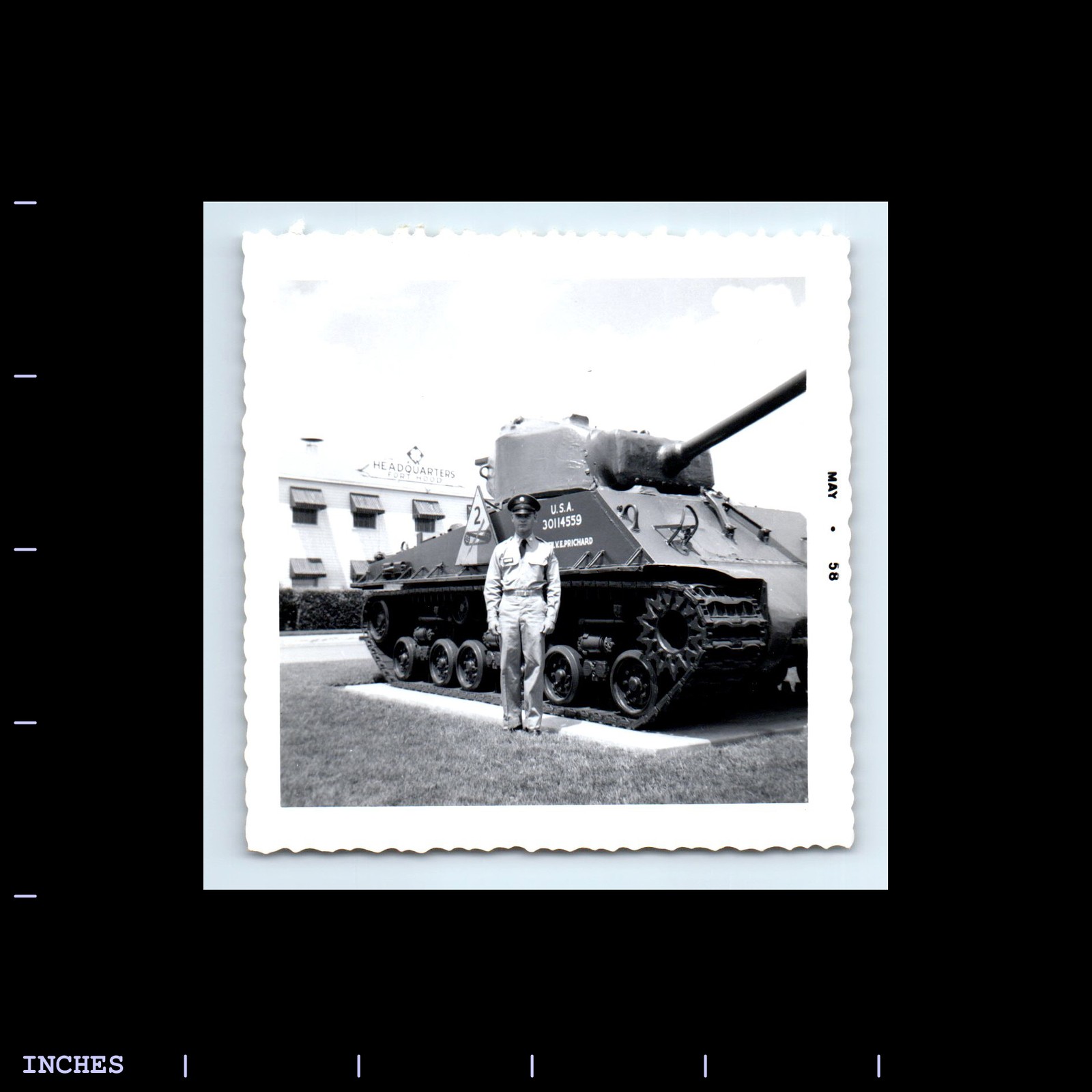 Old Square Photo ARMY MAN SOLDIER MILITARY TANK FORT HOOD ARMY BASE 1958