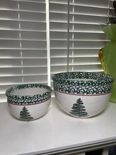 Furio Christmas Tree Serving Bowls  Set of 2 Nesting Green Sponge Italy Vtg 90s