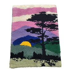 vintage handmade wool latch hook wall art rug sunset trees clouds 70s 36x25