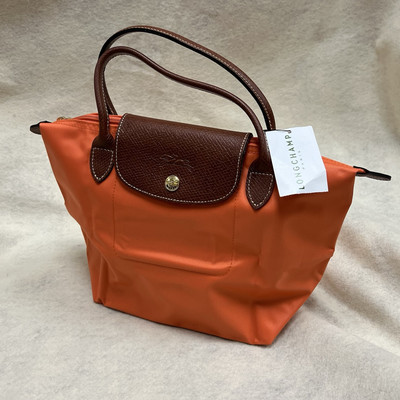 Longchamp Le Pliage Small Tote Bag Orange Nylon Brown Leather