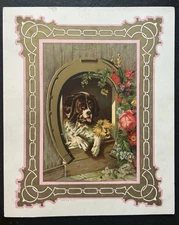 Antique Victorian Era Chromo Lithograph of Doggies in Horseshoe Flower Dog Door