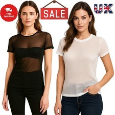 WOMEN MESH TOP SHEER MESH TSHIRT LONG SLEEVE SEE THROUGH ROUND NECK STRETCHY TOP