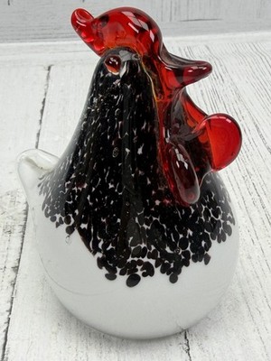 Hand Blown Art Glass Rooster Chicken Figurine White Black Speckled Paperweight