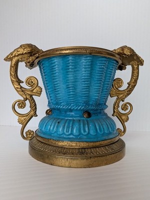Louis XV Style Porcelain Cachepot Ormolu Peacock Handled Vase Bleu Celeste Glaze