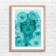 Blue Woman With Orange Flowers Teal Framed Wall Art Print Large Picture Home