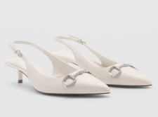 MANGO MNG WHITE CRYSTAL TRIBO KITTEN HEELS SLINGBACK PUMPS SHOES 38 7.5