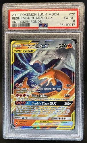 2019 Pokemon SM Unbroken Bonds Reshiram Charizard Tag Team Holo #20/214 PSA 6