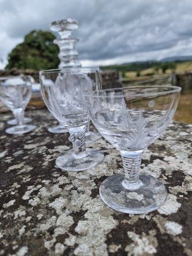 Vintage Stuart Crystal Woodchester Decanter & 6 Glasses, Engraved Fern Design (photo 7)