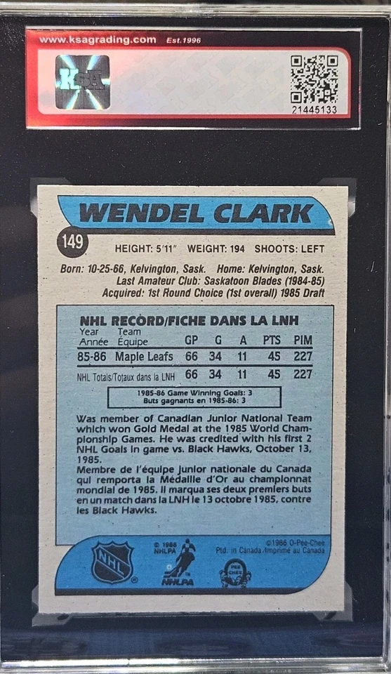 86-87 O-Pee-Chee Wendel Clark Rookie KSA 7.5  🚨🚨🚨 Toronto Maple Leafs  - Image 3 of 3