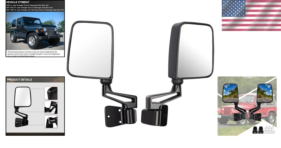Black Manual Folding Mirrors for Jeep Wrangler and TJ Models 1987-2002 - Pair - Изображение 2 из 4