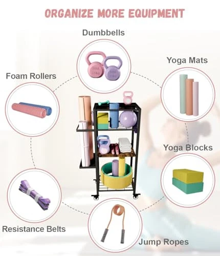 Yoga Mat Storage Rack with Wheels, 3 Tier Home Gym Workout Equipment Organizer Yoga Mat Storage Rack with Wheels, 3 Tier Home Gym Workout Equipment Organizer