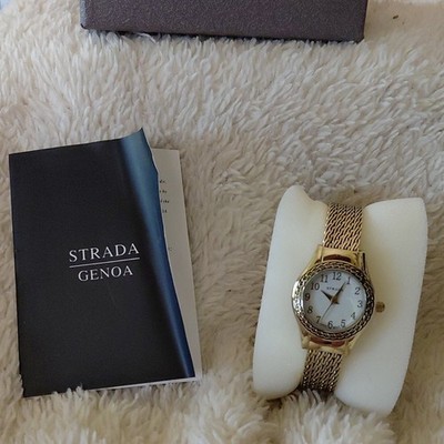 STRADA Genoa gold mesh band analog wristwatch Arabic numerals seconds hand