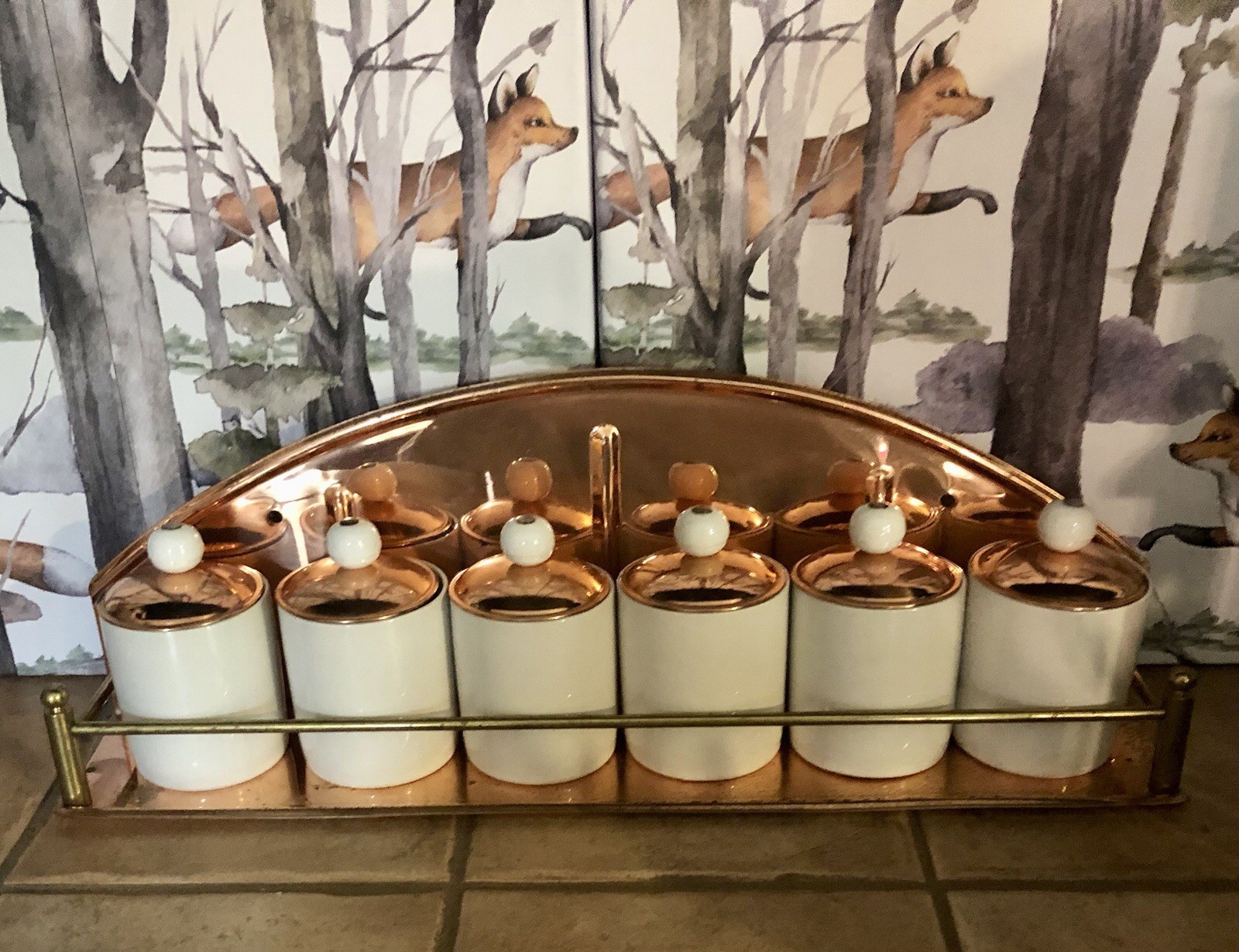Vintage mid century Benjamin Medwin Copper Brass porcelain Spice  Rack.