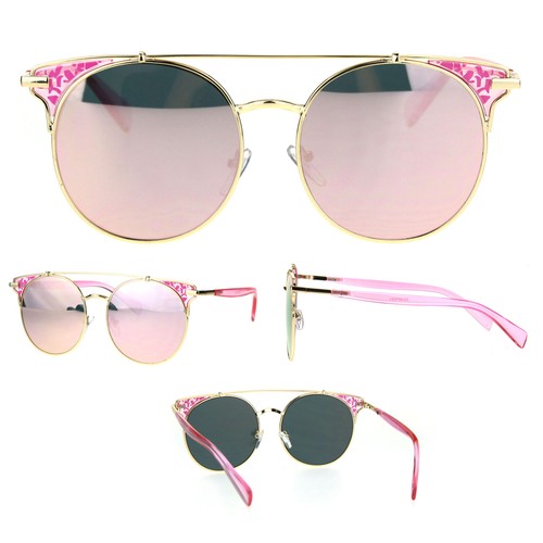 Womens Jewel Flat Panel Pink Color Mirror Lens Metal Flat Top Cat Eye Sunglasses