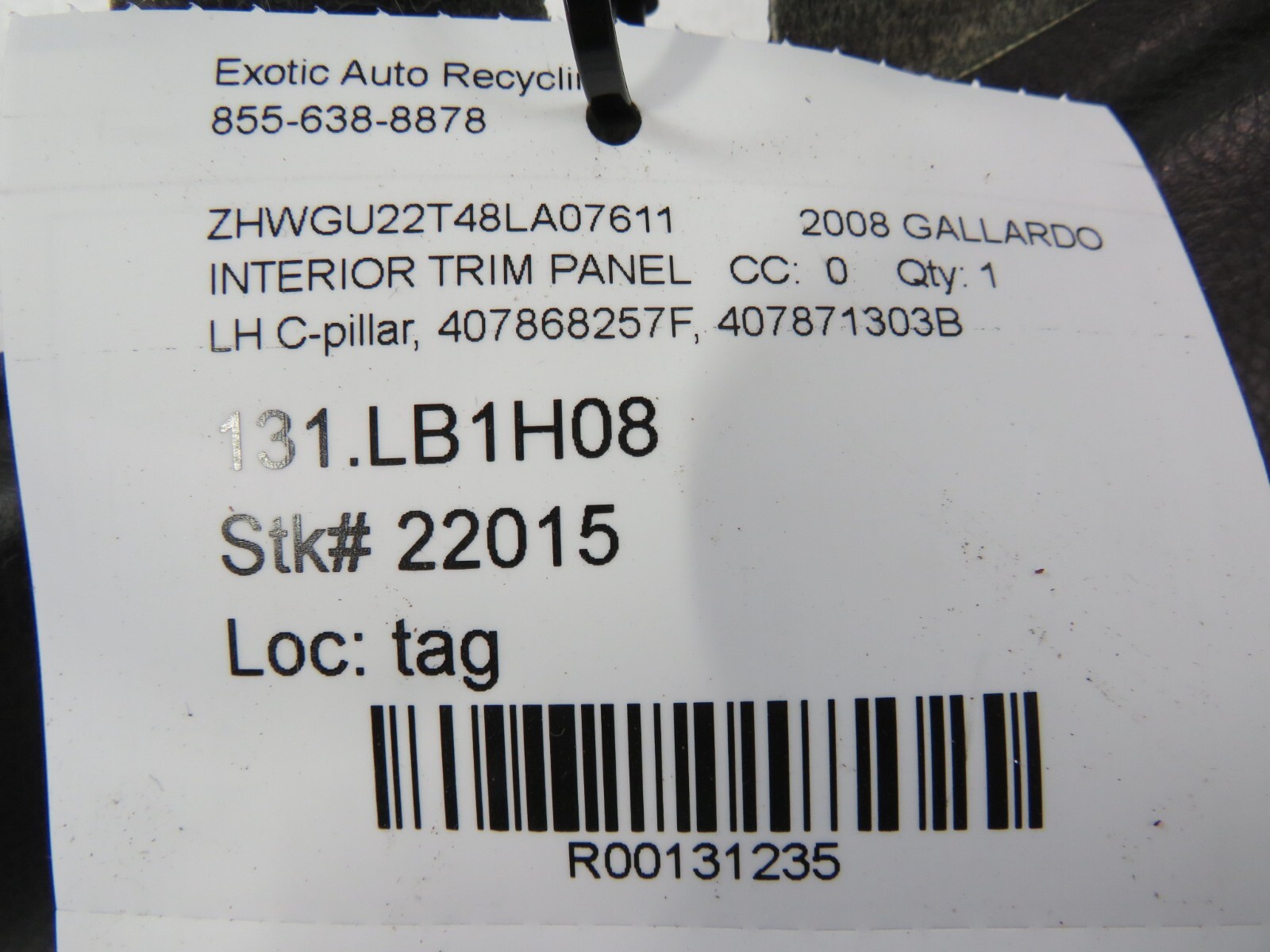 Lamborghini Gallardo, Spyder, LH, C-Pillar Trim Panel, Used, P/N 407868257F