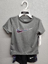 Nike Little Boys 2T Tshirt Short Set - Gray/Black/Neon Accents/ Logo NEW TAGS