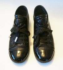 Auth CHANEL Black Leather Cap Toe CC Sneakers Size 36