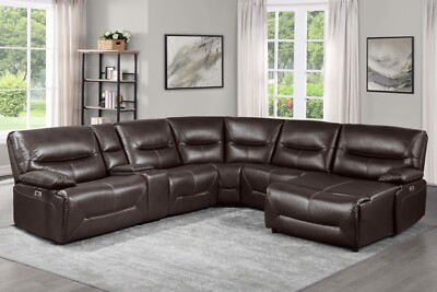 6 PC BROWN FAUX LEATHER 3 POWER SEATS RECLINING SOFA CHAISE SECTIONAL FURNITURE