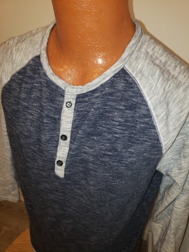 (Large) Mens Express Henley T Shirt Gray Blue 3/4 Length Sleeve Tee