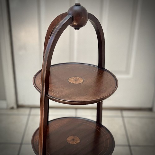 Antique English Mahogany Floral Inlay 3 Tier Plate Cake Stand Tea Pie Rack 36” - Picture 2 of 11