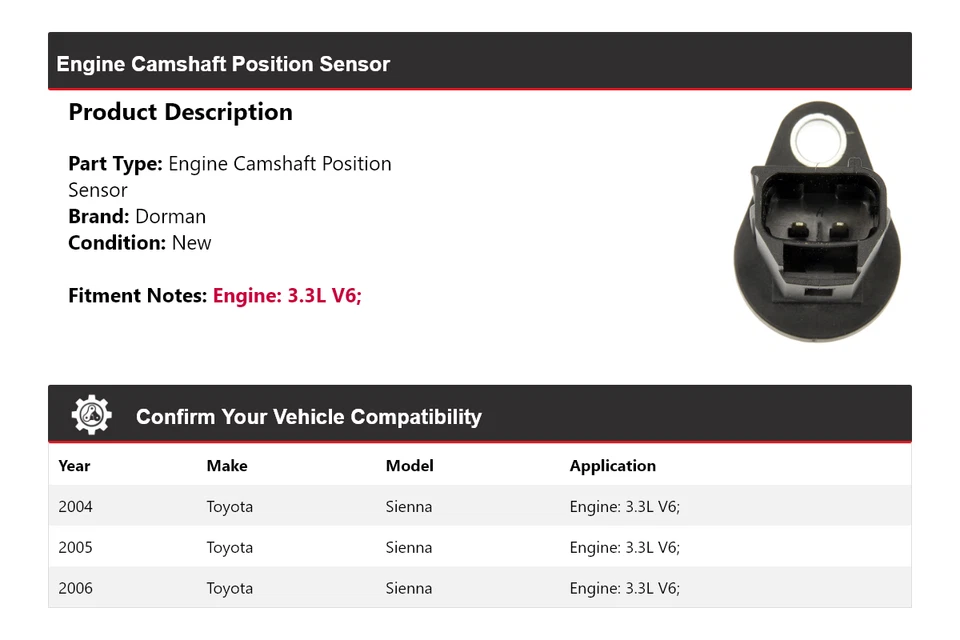 For 2004-2006 Toyota Sienna 3.3L V6 Dorman Engine Camshaft Position Sensor 2005 - Image 2 of 4