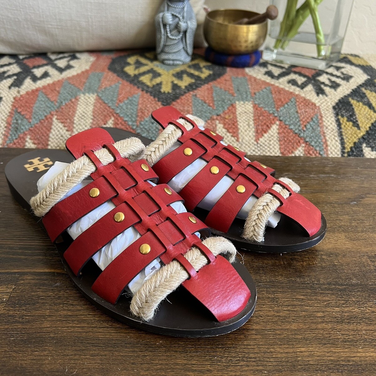 Tory Burch $398 Fisherman Sandals in Red Leather And Braided